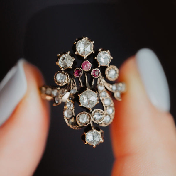 Antique Lyra or Harp Rose Cut Diamond and Ruby Ring - Pretty Different Shop
