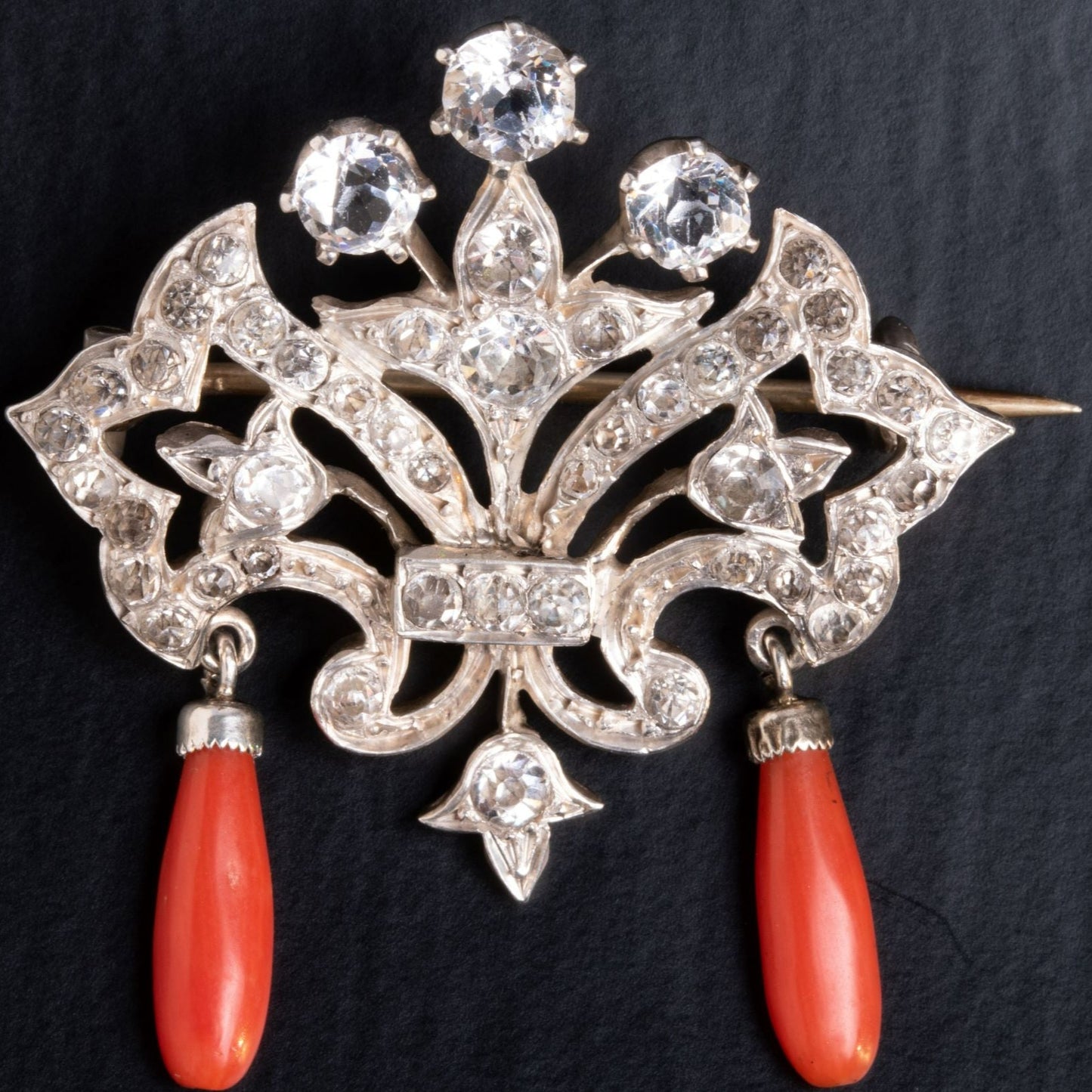 Antique Victorian Silver Clear Paste and Coral Brooch - Pretty Different Shop