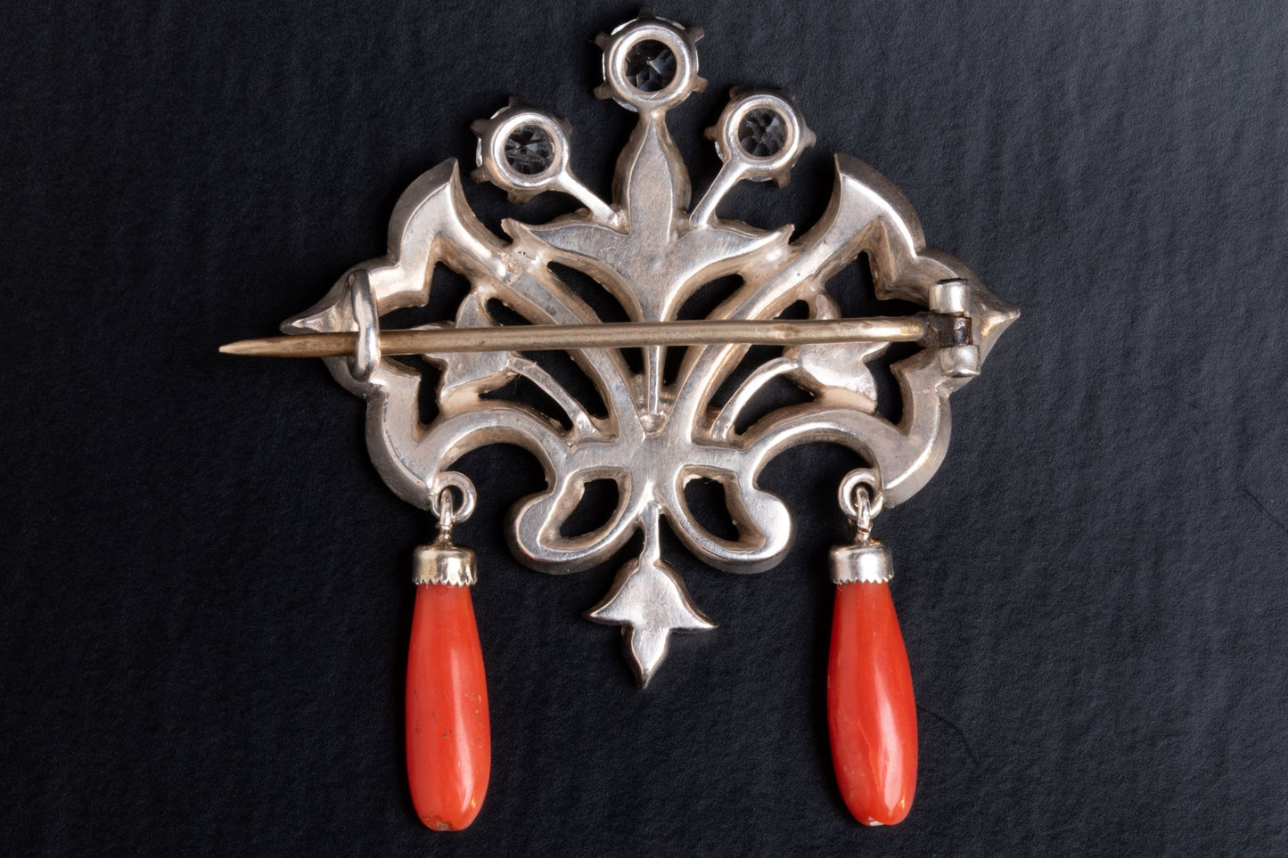 Antique Victorian Silver Clear Paste and Coral Brooch - Pretty Different Shop