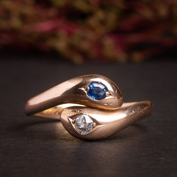 Antique Solid 14k Sapphire & Diamond Snake Ring