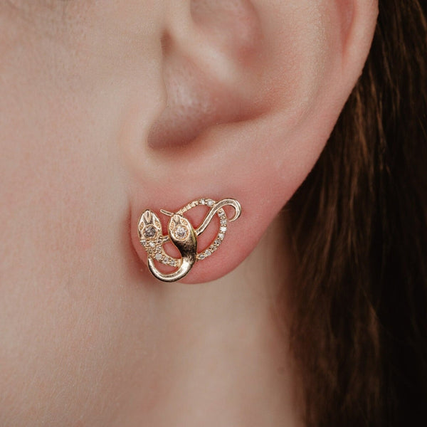Pave Diamond Snake Stud Earrings Solid 14K Gold