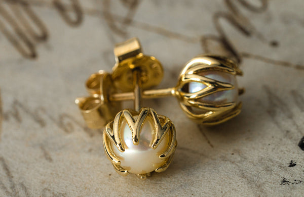 Handmade 10k Gold Pearl Stud Earrings - Pretty Different Shop