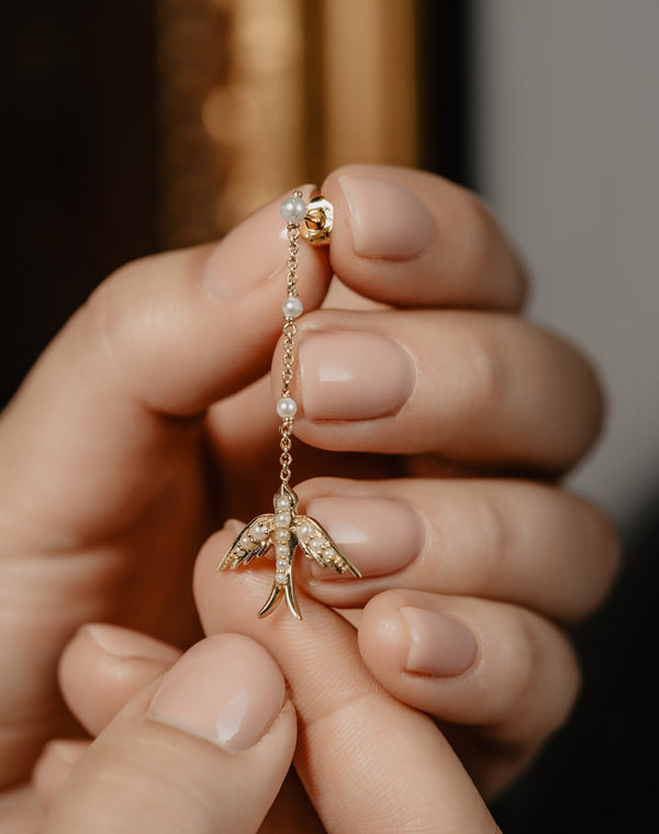 Artisan 10k Gold Flying Swallow Bird Pearl Drop Earrings - Pretty Different Shop