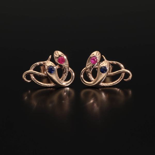 Artisan Solid 14K Gold Handmade Ruby and Sapphire Gemstone Snake Earrings - Pretty Different Shop