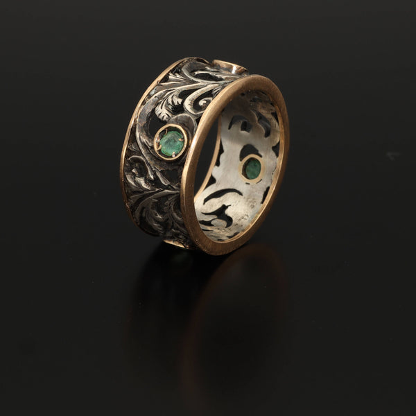 Wide Vintage Artisan Emerald Ring