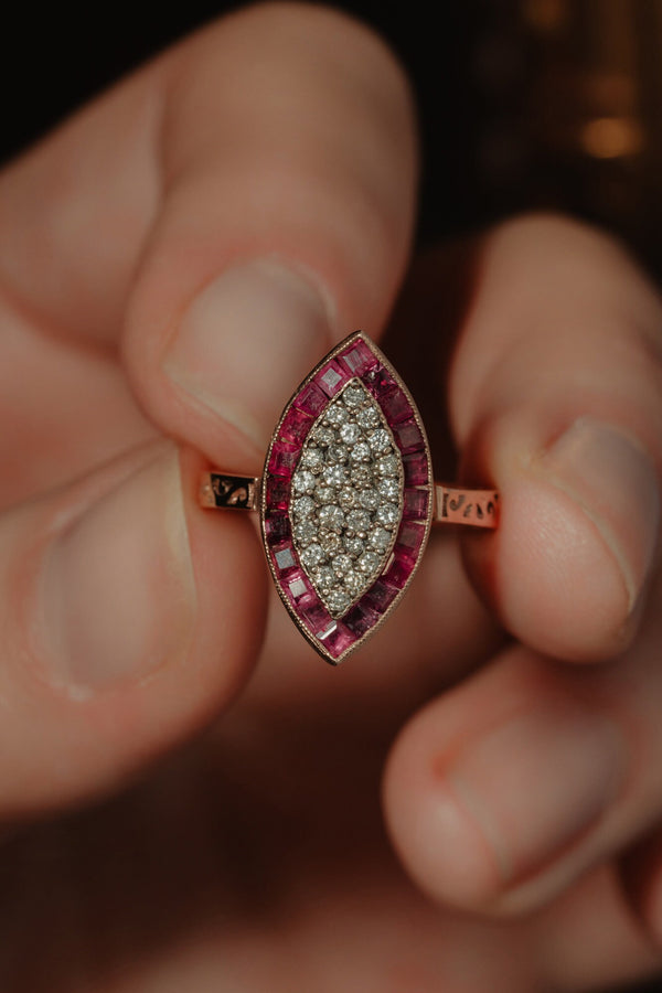 Vintage Ruby and Diamond Navette Gold Ring - Pretty Different Shop