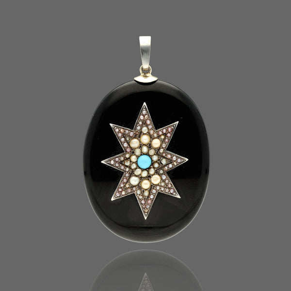 Antique Victorian Celestial Onyx and Turquoise Starburst Locket - Pretty Different Shop