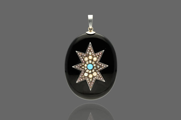 Antique Victorian Celestial Onyx and Turquoise Starburst Locket - Pretty Different Shop