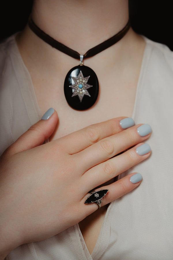 Antique Victorian Celestial Onyx and Turquoise Starburst Locket - Pretty Different Shop