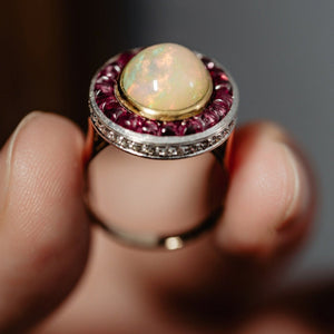 RETRO Style Diamond Ethiopian Opal Halo Ring