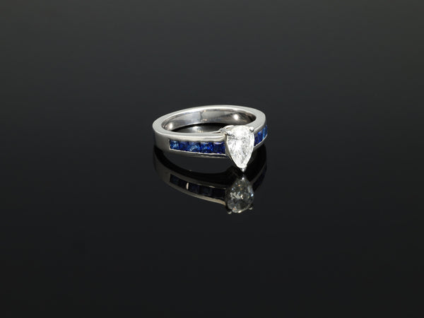 French Vintage 0.75ct Pear Cut Diamond and Sapphire 18k White Gold Ring - Pretty Different Shop