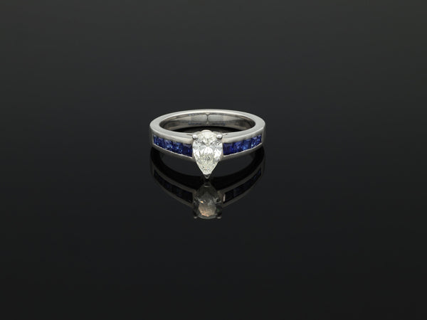 French Vintage 0.75ct Pear Cut Diamond and Sapphire 18k White Gold Ring - Pretty Different Shop