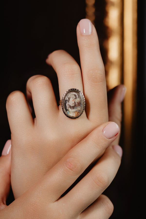 Antique Symbolic Portrait Miniature Ring, Girl with Bird Cage Painting, 18th Century - Pretty Different Shop