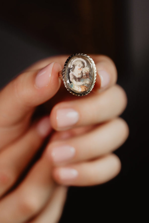 Antique Symbolic Portrait Miniature Ring, Girl with Bird Cage Painting, 18th Century - Pretty Different Shop