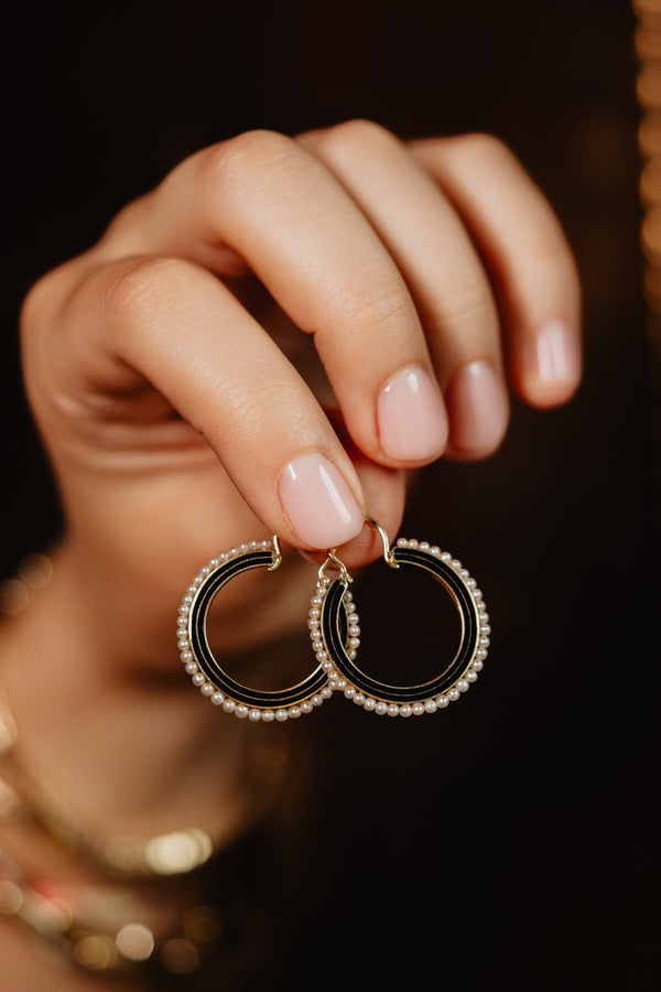 Vintage Black Enamel Seed Pearl Hoop Earrings - Pretty Different Shop