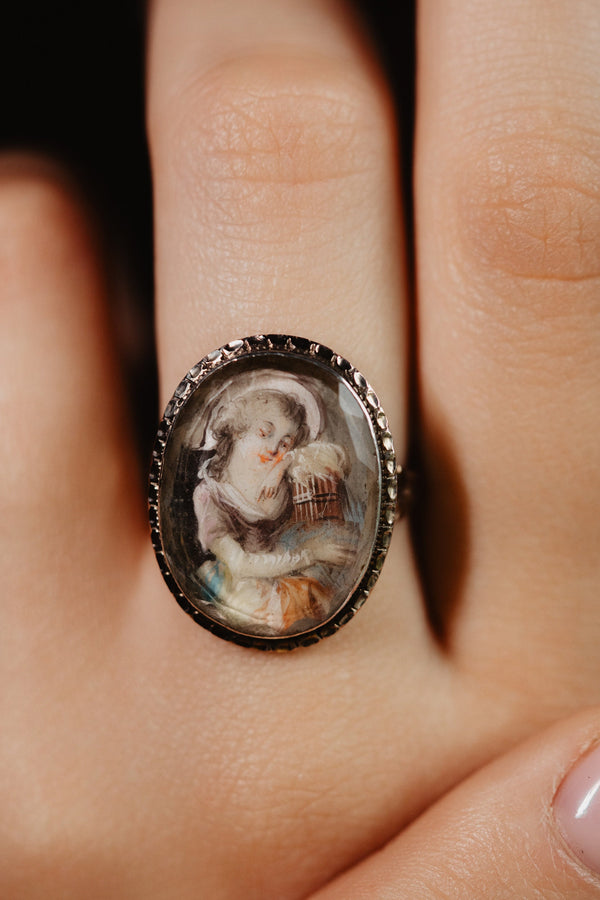 Antique Symbolic Portrait Miniature Ring, Girl with Bird Cage Painting, 18th Century - Pretty Different Shop