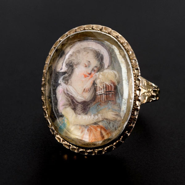 Antique Symbolic Portrait Miniature Ring, Girl with Bird Cage Painting, 18th Century