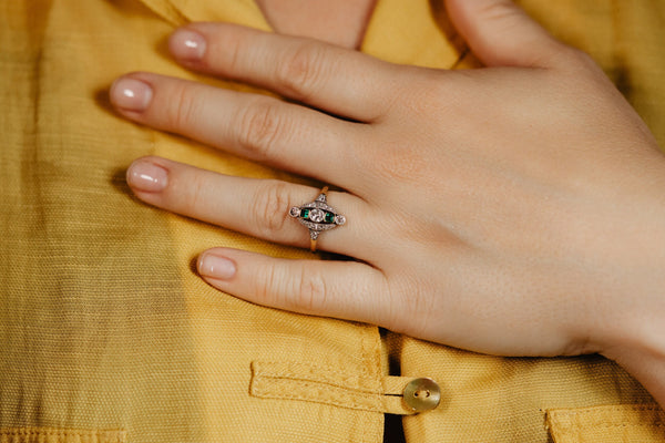Platinum Antique Edwardian Emerald and Diamond Ring - Pretty Different Shop