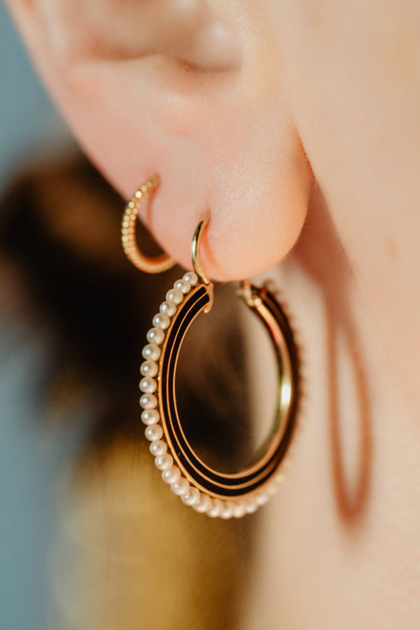 Vintage Black Enamel Seed Pearl Hoop Earrings - Pretty Different Shop