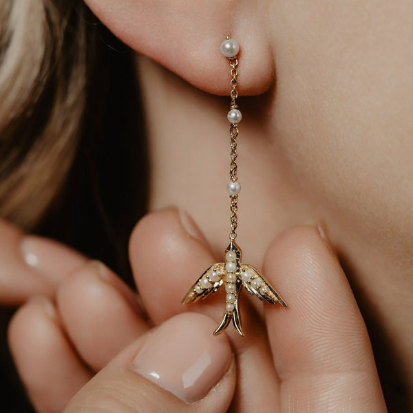 Artisan 10k Gold Flying Swallow Bird Pearl Drop Earrings