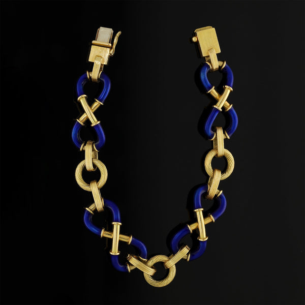 Vintage Italian 18k Gold Geometric Blue Enamel Bracelet, HEAVY 35g - Pretty Different Shop