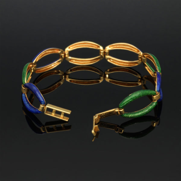 Vintage 18k Gold Blue Green Engine Turned Enamel Bracelet - Pretty Different Shop