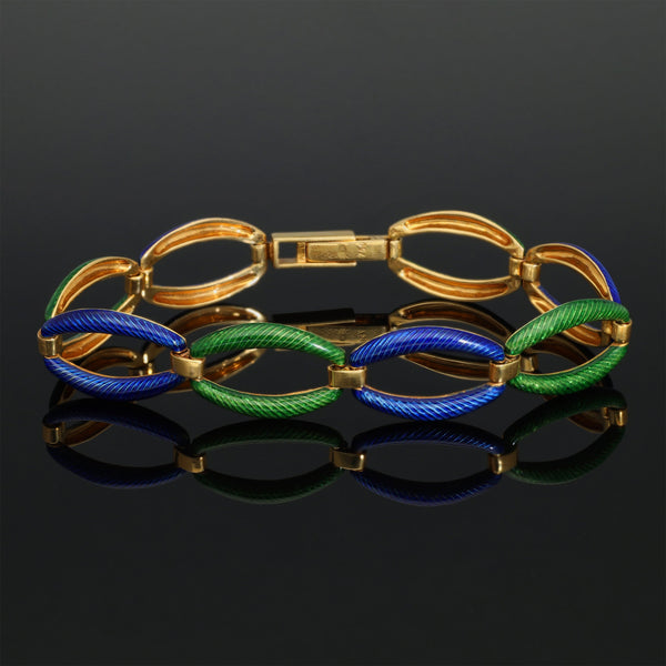 Vintage 18k Gold Blue Green Engine Turned Enamel Bracelet