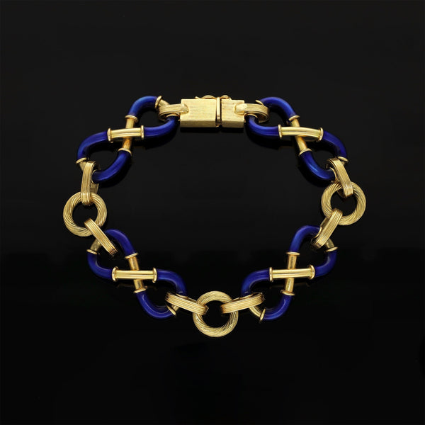 Vintage Italian 18k Gold Geometric Blue Enamel Bracelet, HEAVY 35g