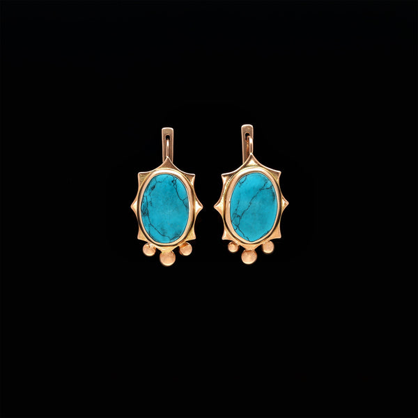 Vintage Retro Solid 14k Rose Gold Turquoise Cabochon Oval Earrings - Pretty Different Shop