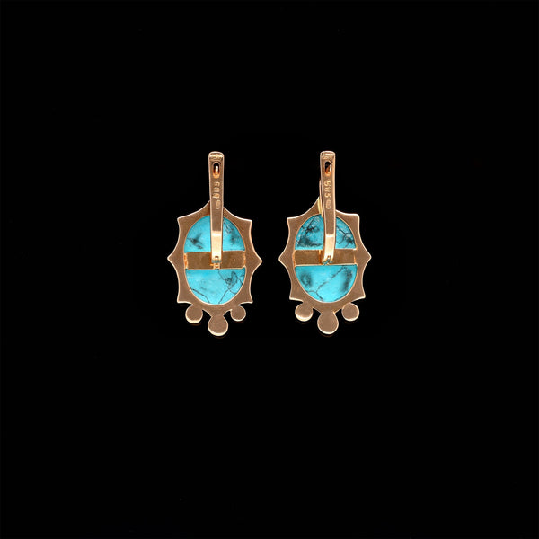 Vintage Retro Solid 14k Rose Gold Turquoise Cabochon Oval Earrings - Pretty Different Shop