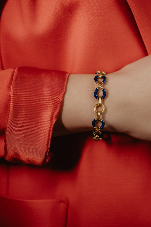 Vintage Italian 18k Gold Geometric Blue Enamel Bracelet, HEAVY 35g - Pretty Different Shop