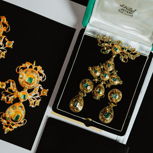 Antique Iberian 3.26ct Emerald Parure, Solid 15k Gold Catalan Earrings & Pendant Brooch Set