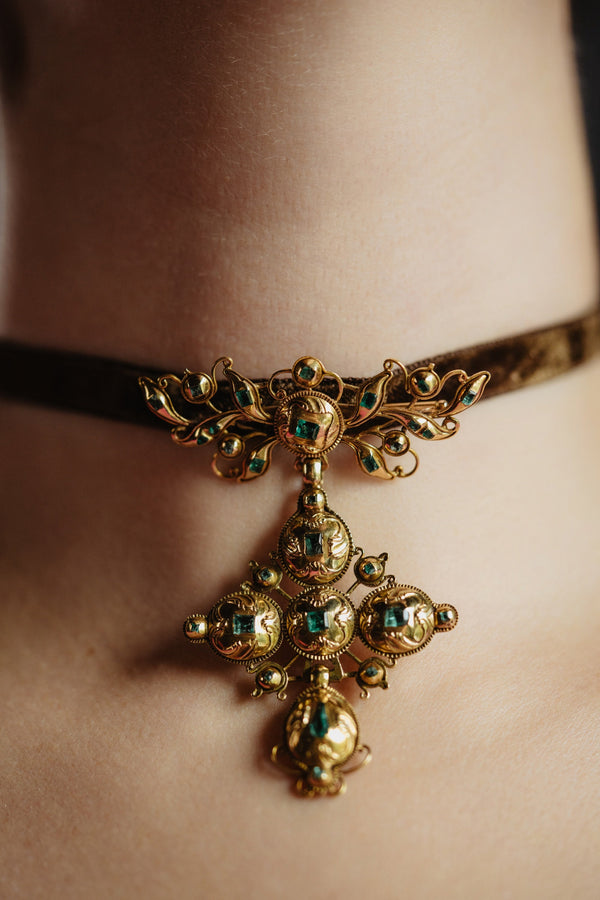 Antique Iberian 3.26ct Emerald Parure, Solid 15k Gold Catalan Earrings & Pendant Brooch Set - Pretty Different Shop