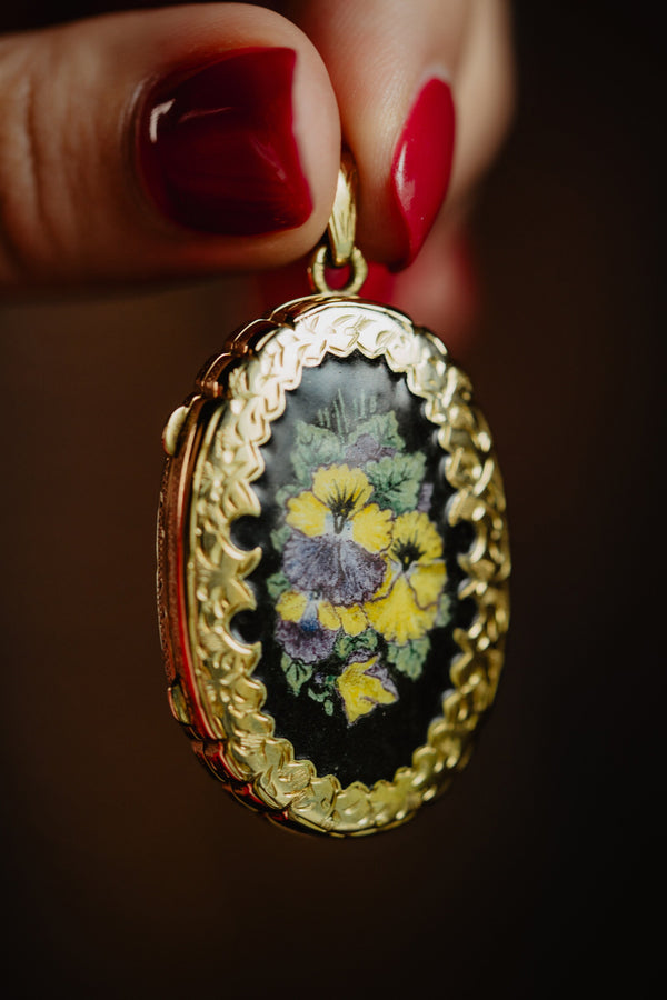 Oval Black Enamel Miniature Pansy Locket - Pretty Different Shop