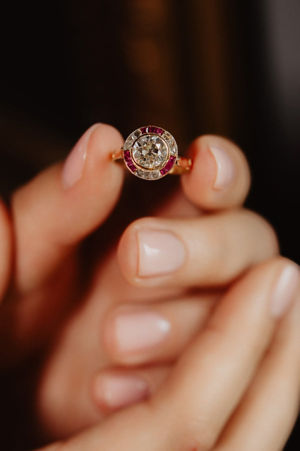 HUGE Antique Art Deco 2.6 Carat Target Diamond Ruby Halo Ring - Pretty Different Shop