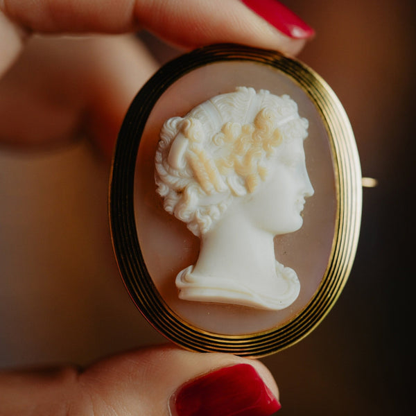 UNISEX Antique Italian Black Enamel and Hardstone Agate Portrait Cameo Brooch