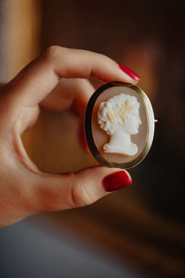 UNISEX Antique Italian Black Enamel and Hardstone Agate Portrait Cameo Brooch - Pretty Different Shop