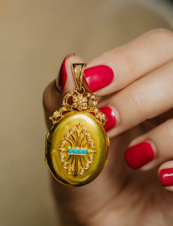 Antique Victorian Oval Gold Turquoise and Seed Pearl Locket - Pretty Different Shop