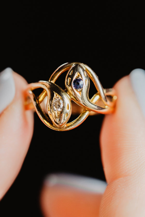 Double Headed Edwardian Sapphire Diamond Snake Ring - Pretty Different Shop