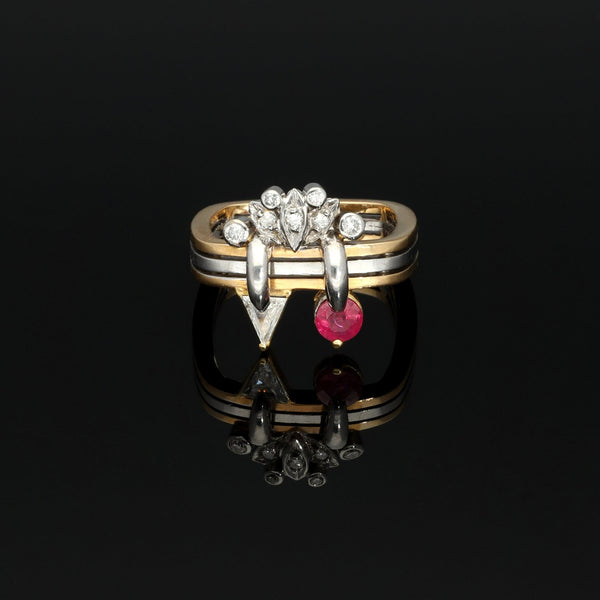 Mixed Gold Geometric Ruby and Fancy Cut Diamond Ring