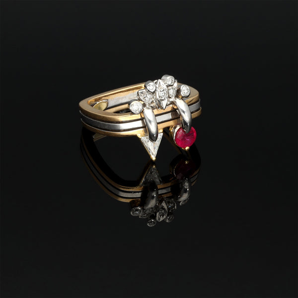 Mixed Gold Geometric Ruby and Fancy Cut Diamond Ring - Pretty Different Shop