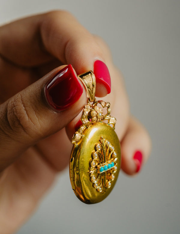 Antique Victorian Oval Gold Turquoise and Seed Pearl Locket - Pretty Different Shop