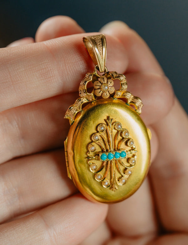 Antique Victorian Oval Gold Turquoise and Seed Pearl Locket - Pretty Different Shop