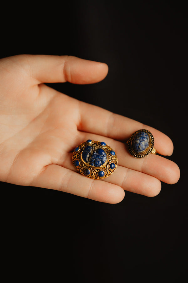 UNISEX Vintage Egyptomania Lapis Lazuli Scarab Ring and Brooch Set - Pretty Different Shop