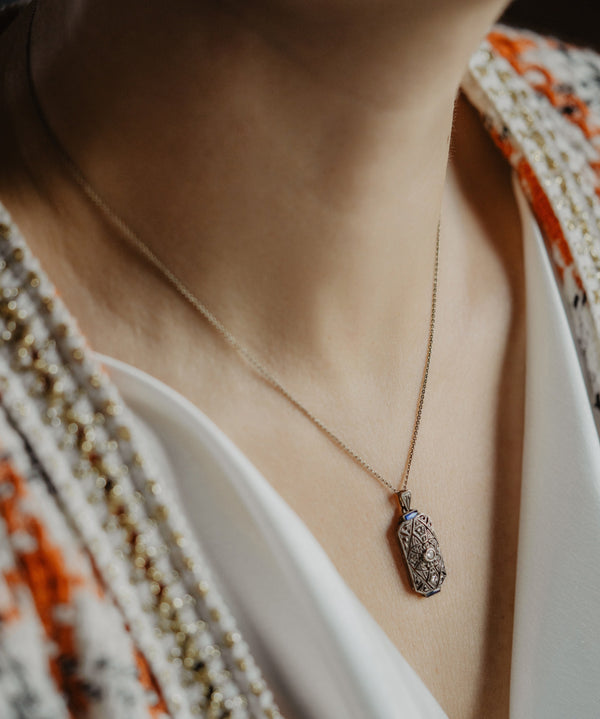 Art Deco Sapphire Diamond Pendant with Chain - Pretty Different Shop
