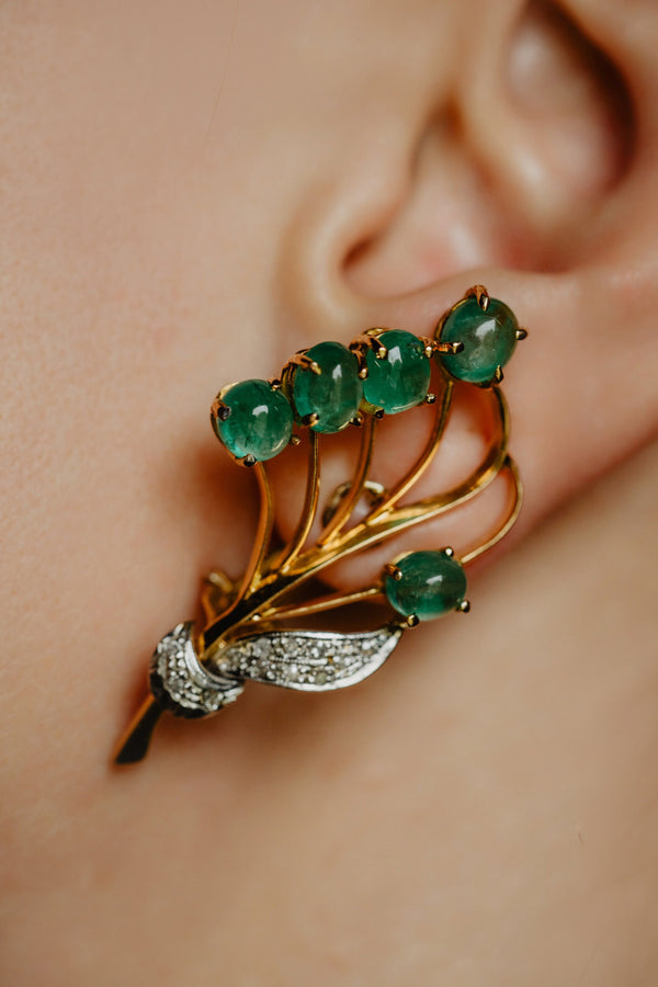 XXL Vintage Mid-Century Platinum 11 Carats Utreated Emerald Diamond Climber Earrings - Pretty Different Shop