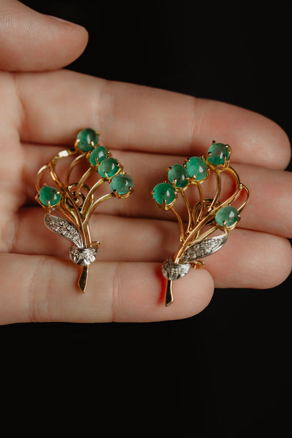XXL Vintage Mid-Century Platinum 11 Carats Utreated Emerald Diamond Climber Earrings - Pretty Different Shop