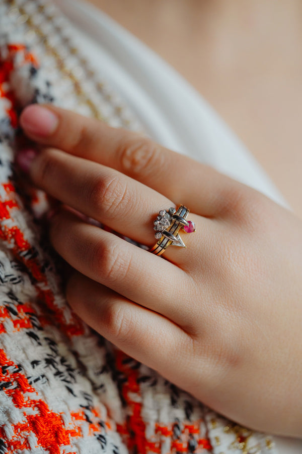 Mixed Gold Geometric Ruby and Fancy Cut Diamond Ring - Pretty Different Shop