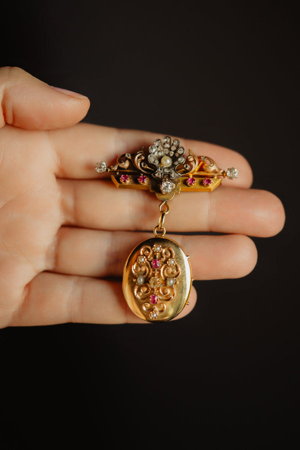 Antique Ruby and Old Mine Cut Diamond Locket Brooch - Pretty Different Shop