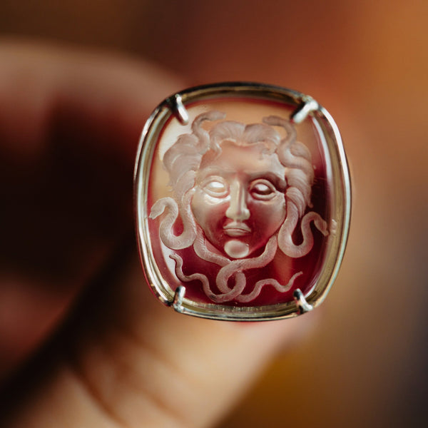 Unisex Sterling Silver Gorgon Medusa Signet Intaglio Ring